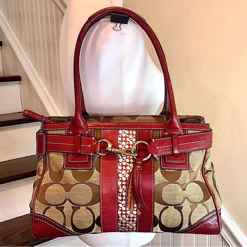 COACH Hampton Signature C Logo Canvas Red Leather Briefcase Shoulder Bag RARE